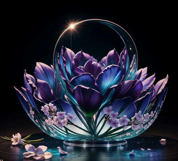  The masterpiece of glass sculpture ，There are beautiful irises and beautiful cherry blossoms inside，water，The light shines ，Fantastic， High Quality ， high detail， best quality ，，4K，8k，