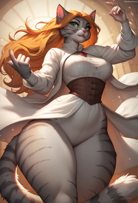 Furry, anthro, female cat, grey fur, tabby, emerald eyes, long hair, medieval fantasy,  white tunic , white trench coat, big ass, big hips, thick thighs, medium_breasts, healer, dynamic pose, gesture, whisker, 