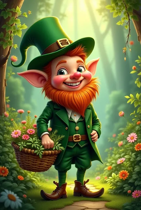 Drawing of a smiling leprechaun, green,  with a basket filled with herbs and emanating light