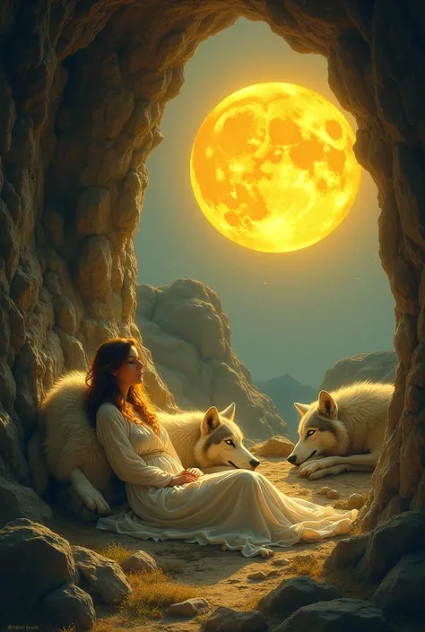 Beautiful woman lying among wolves in a cave with a view of the yellow moon 