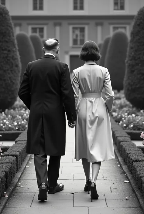 , Adolf Hitler and Eva Braun walking backwards through a well-kept garden.,  with symmetrical flowers and shrubs . , Hitler wears a long dark coat, , , while Eva wears a simple white dress . Although the scene seems quiet ,  suggests an emotional disconnec...