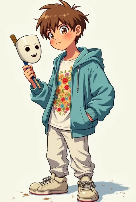 (anime) A teenage boy , brown haired,  Light brown eyes, wearing a light blue sweatshirt with a white shirt with a colorful flower design underneath, white pants and sneakers ,  and a white mask with a smile drawing and all soiled with ink ,  and in your h...