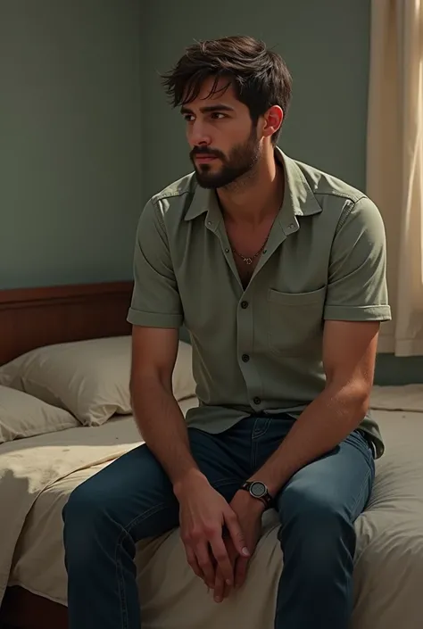 Short hair male in late 20’s with beard sitting on the edge of his bed