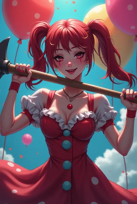 Sexy woman Clown holding an axe with fluffy pigtails with ballons in background, anime 