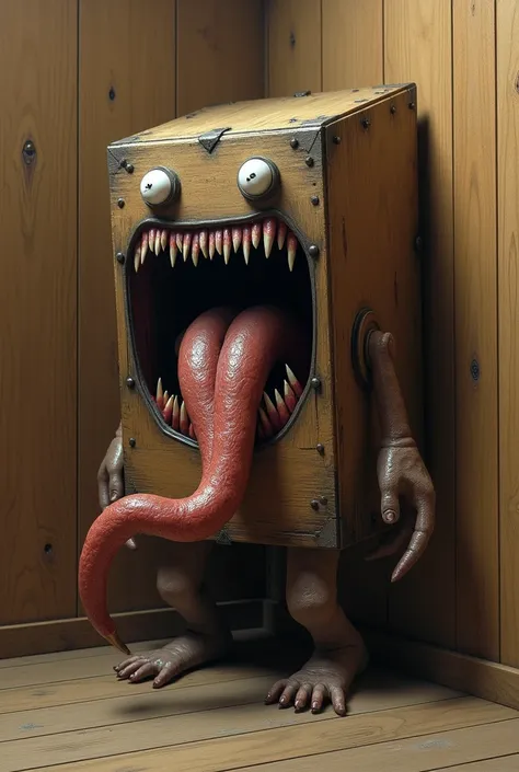 An image of a medium-sized mimetic wooden box showing its sharp teeth and a grotesque tongue opening like a chest in a corner with wooden walls without arms