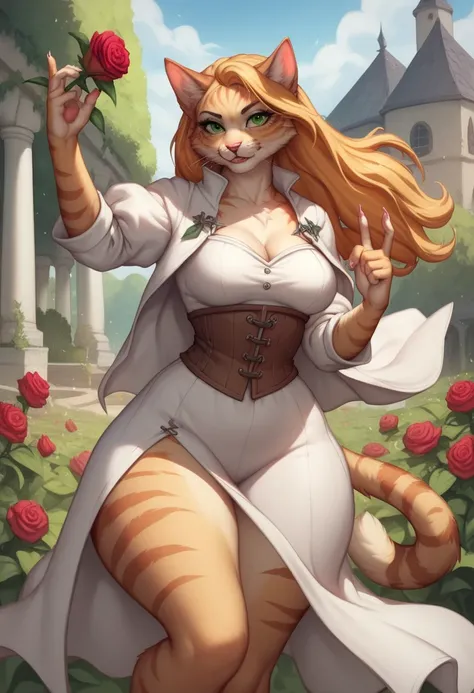 Furry, anthro, female cat, grey fur, tabby, emerald eyes, long hair, medieval fantasy,  white tunic , white trench coat, big ass, big hips, thick thighs, medium_breasts, healer, dynamic pose, gesture, whisker,  roses, garden