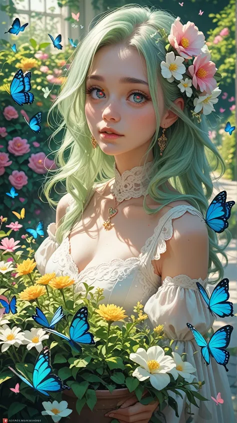 light green hair female, heart shaped pupils, focus face, Butterflies fly, in flower garden