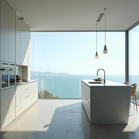 a modern minimalist kitchen facing the sea,  The design is strongly influenced by the aesthetics of Monica de Zaha Hadid  ,  The environment must be contemporary  .