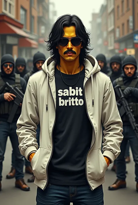 A guy wearing a white hoodie jacket chaine opened, under the jacket a black shirt and there written SABIT BRITTO and black hair long curtains with a moustache. Yellowish skin color also Have a black sunglass. Standing relaxed in front of some bad street gu...