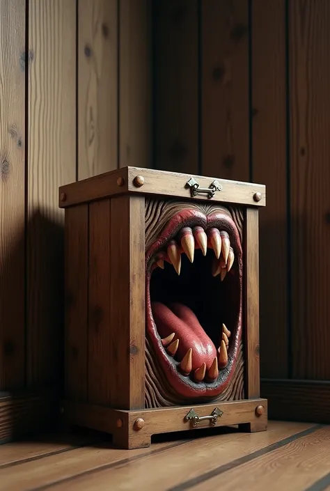 An image of a medium-sized mimetic wooden box showing its sharp teeth and a grotesque tongue opening like a chest in a corner with wooden walls without arms illuminated by a dim light