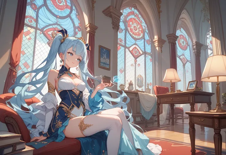  light blue long hair、 Beautiful Girl with Twin Tails 、Inside the palace、A magic lamp that shines brightly、big male servant 、The jewels are shining a lot