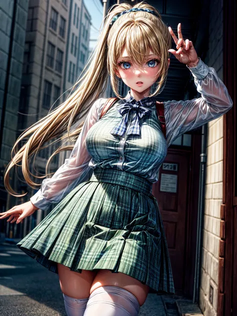 1girl,masterpiece,best quality,blonde hair,(ponytails),blue eyes,(white stockings),(green plaid skirt),short skirt,standing,in full length,big breasts,white t shirt,in front of streets,extremely detailed,beautiful alluring anime teen,seductive anime girl,w...