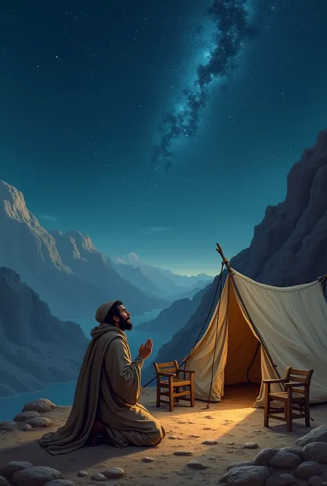 creates a biblical image of Abraham on the mountain kneeling praying to God looking at the sky, the sky is starlit with several bright stars, a little far from Abraham is his tent set up, outside the tent there is a small wooden table and two wooden chairs...