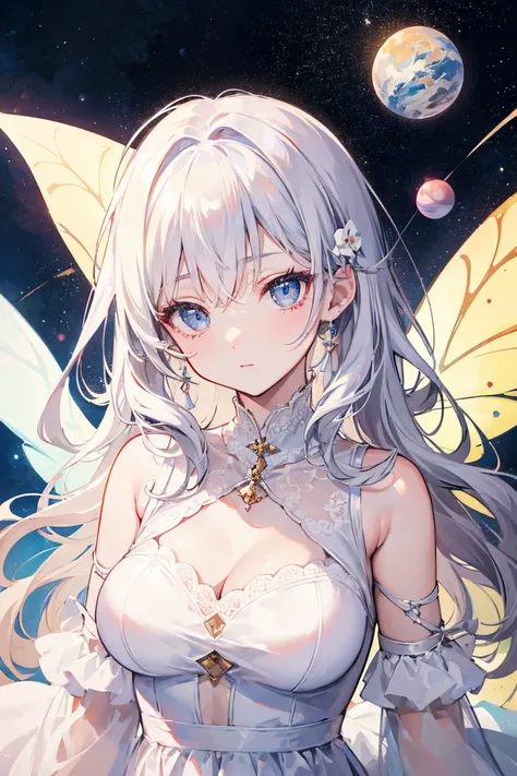 (( best quality)), ((masterpiece)), (full), 1 female, Space background,  detailed face,  detailed eyes,  beautiful eyes, Dumpling Fairy ,  casual white dress ,  Dumpling shape Planet , princess, Women in their 40s, long white wavy hair