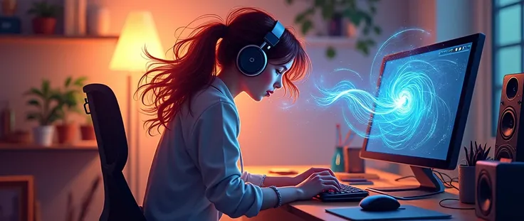 A creative female artist with headphones and hair flying composing music on a computer, with luminous sound waves floating around her head