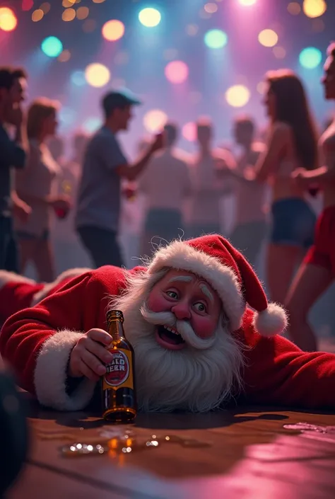 animated drawing of santa lying on the floor really drunk at a party with a beer in his hand REALLY HIGH 