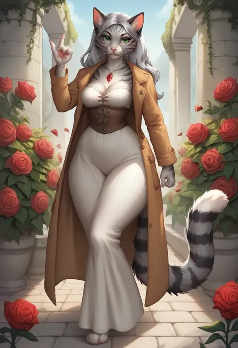 Furry, anthro, (female cat, grey fur), tabby, emerald eyes, long hair, grey hair , medieval fantasy,  white tunic , trench coat, big ass, big hips, thick thighs, medium_breasts, healer, dynamic pose, gesture, whisker,  roses, garden, flowers in the hair, s...