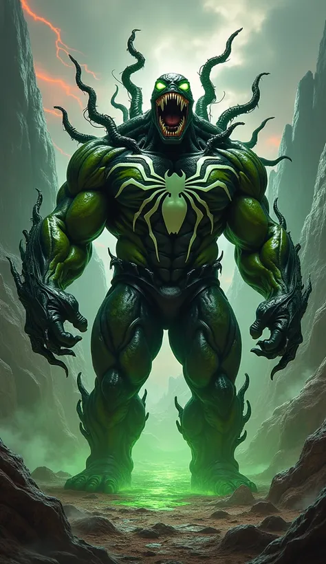 "A hyper-realistic, monstrous hybrid that seamlessly combines the features of Hulk and Venom into one terrifying entity. The creature’s physique is hulking and grotesquely muscular, blending Hulk’s massive, green frame with the slick, organic texture of Ve...