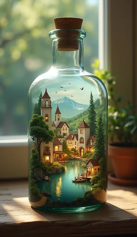  clear inside the bottle is a beautiful lake town, summer season, Light in the bottle, white antique all around 