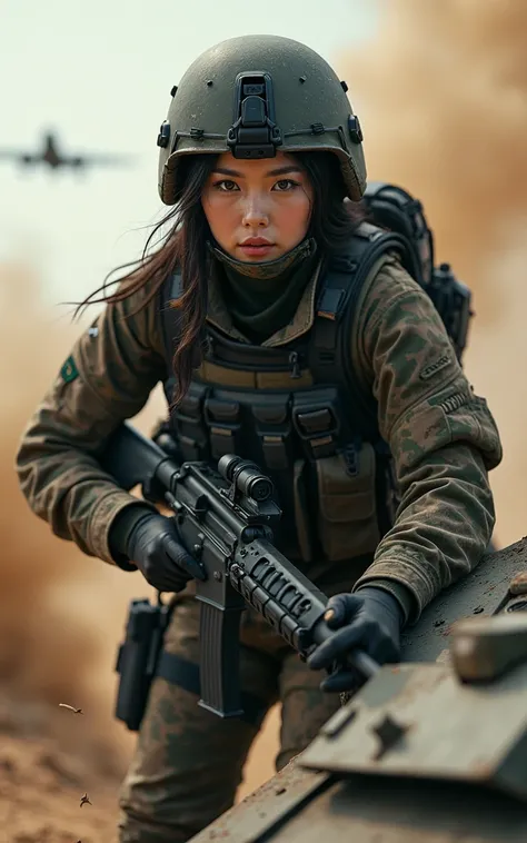 Ultra-high resolution，High-resolution details，Wearing Army Camouflage，Super sexy Korean tank soldier，Wearing a black military vest，Wearing a military helmet，Advanced and complete equipment，fully armed，Climb into the car，close up（1 Korean female soldier，Sup...