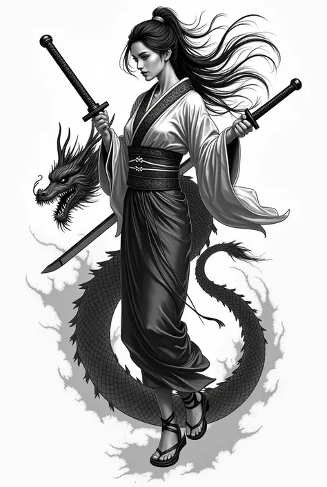 Create a black and white tattoo of a Japanese woman from ancient times holding a sword and a dragon