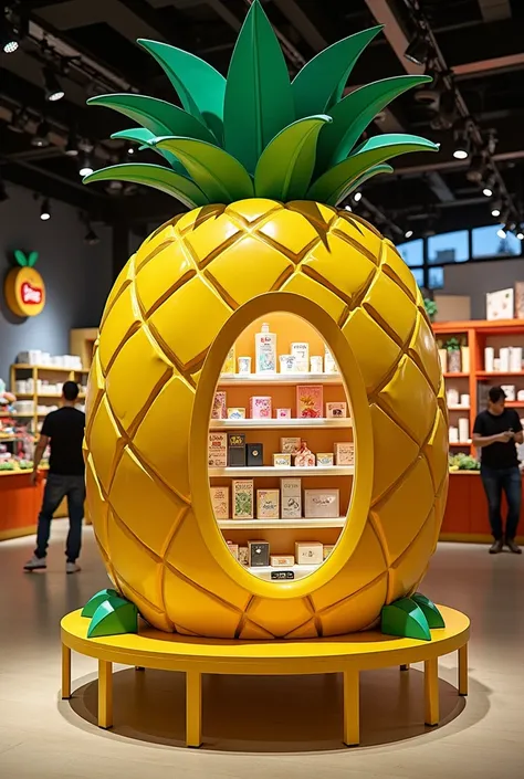  A gondola in the shape of a pineapple a gondola is a stand where a product is promoted, that looks made on platform  