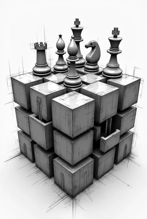 Generate a super creative 3D image combining the images of Rubiks cube and chess board and chess pieces.

It should appear as a sketch drawing and a 3D rendering. There should be an element of surrealism to the overall image.