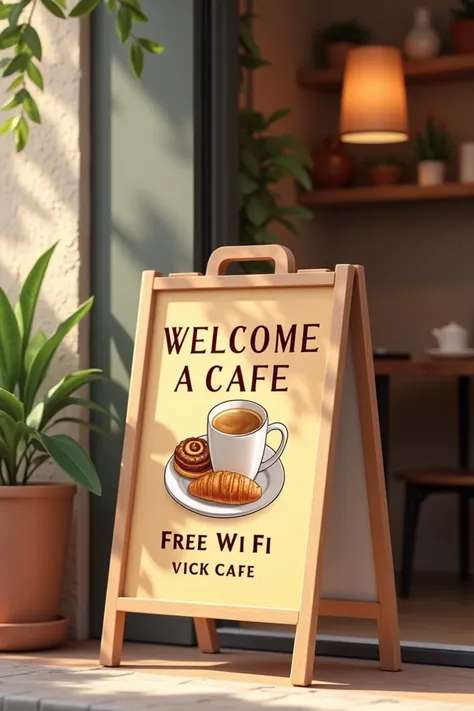 3.  Cafeteria and internet connection 
* Main text: "Relax with a Café "
* Caption: " Enjoy a drink and free Wi-Fi "
*  details :  A simple sign with a cozy photo of coffee and croissants,  ideal for inviting tourists to a quick break .
*  suggested colors...