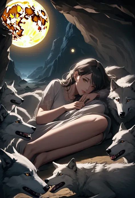 Beautiful woman lying among wolves in a cave with a view of the yellow moon 