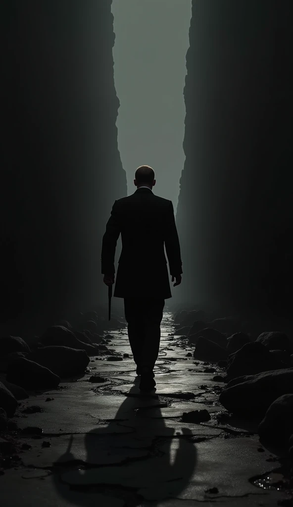  The silhouette of a man with his back  (representing Hitler ),  walking towards a dark horizon where everything vanishes into black.  Around him ,  the ground seems to crumble into a void ,  leaving a feeling of inevitable fall .