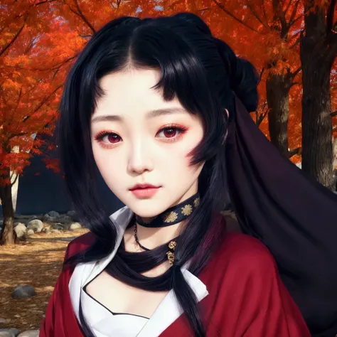 a young woman in a burgundy kimono, she has long blueish black hair (tied in ONE low heian style ponytail), burgundy haori, hazel eyes, she wears a simple necklace, autum trees, can be seen in the background, beautiful, feminine