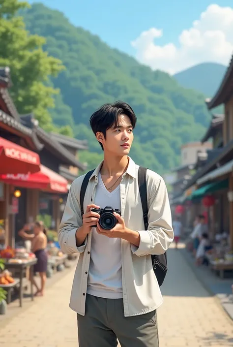 Young handsome Korean medium haired fashionable tourist wearing white shirt stands taking pictures in the background as rural community has grocery store, water market