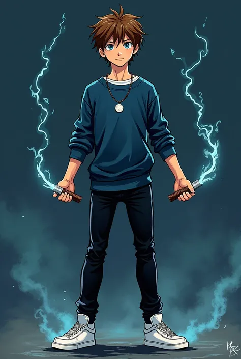 (comic) A teenage boy , brown haired, brown blue eyes ,  wearing a dark blue sweatshirt with a white shirt underneath,  black pants , white sneakers,  a moon necklace and two iron whips in her hands , a dark blue background behind it 