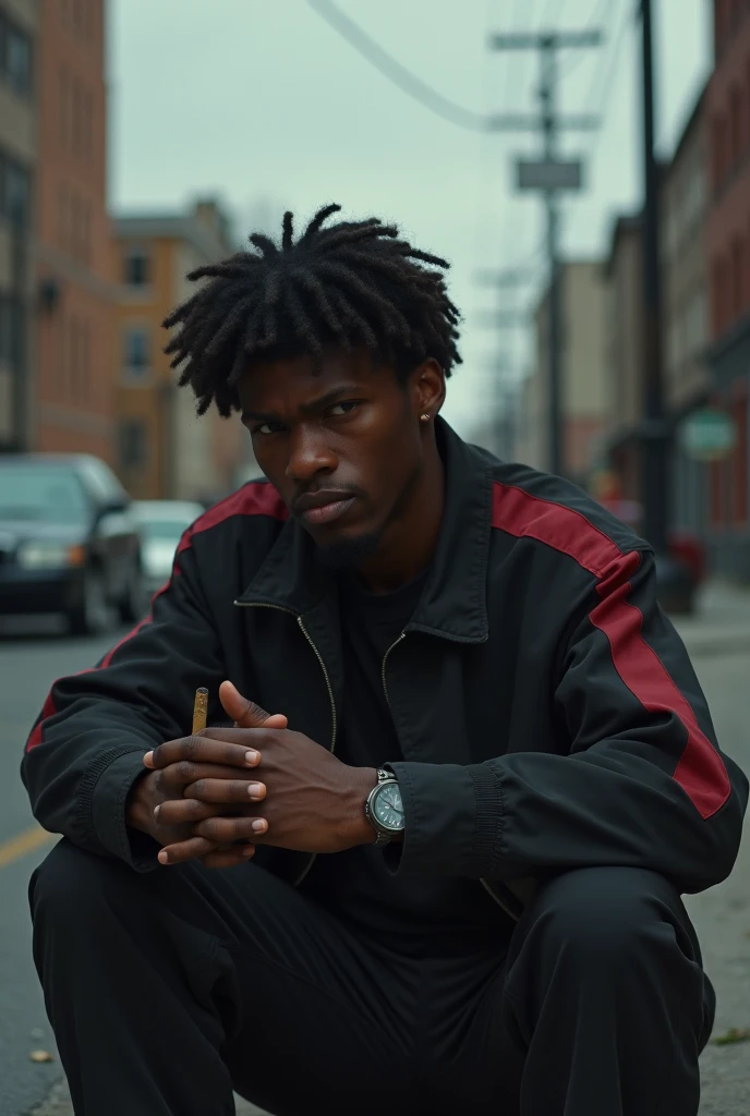 A black guy with curly hair sits sad in front of some buildings in the streets of America wearing a black string with a red line on the side and holding a cigar in his hands 