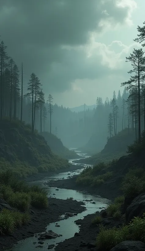 An ultra-realistic landscape showing dramatic environmental changes after a global war. The sky is a dark, radioactive gray, with constant acid rain falling. The landscape is barren, with dead forests and cracked, scorched earth. Some areas are flooded, wh...