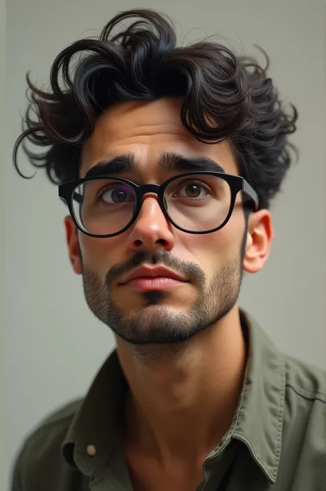 Create an image of a 30-year-old with a goatee, curly hair and glasses 