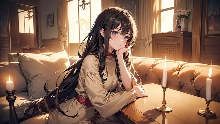 Anime Women 、((( 1 woman)))、((Im staring at my opponent with a smile)）(( indoor landscape wrapped in warm light 。 soft indirect lighting gently illuminates the entire room 、 It conveys a comfortable space with sofas and cushions。 On the small table, 、 arom...