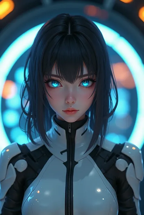 (photorealism:1.2), 1 female, Mecha, Glowing blue-black eyes, Very cute face, (Realistic:1.37), バイオMechaニカル, Spaceship interior bokeh background, Ultra-realistic, Very detailed, Very intricate details, Beautiful woman in focus、bottomless, vagina shows, sho...