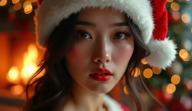  Christmas, Photographically,  1 girl,  beautiful detailed eyes,  beautiful detailed lips that boldly lie down,  Extremely Detailed Face and Skin ,  has long eyelashes,  Beautiful Asian Woman, Santa hat, Cozy fireplace,  Christmas tree,  Christmas lights, ...