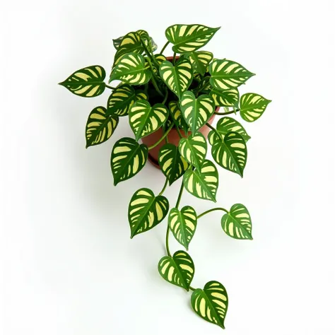 A vibrant Pothos (Epipremnum aureum) plant is displayed against a clean white background, highlighting its striking green and golden variegated leaves. The plant’s trailing vines cascade elegantly, with heart-shaped leaves that feature a mix of deep green ...