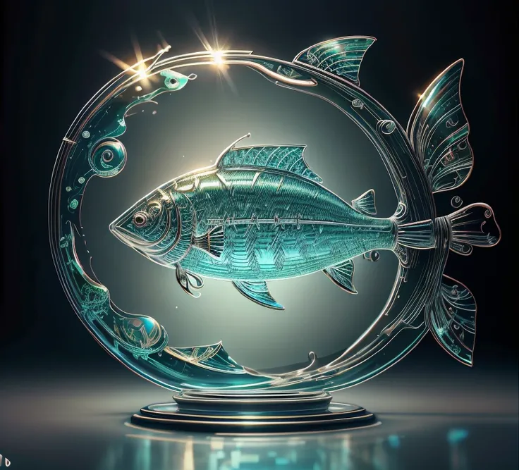  The masterpiece of glass sculpture ，There is a beautiful fish inside，water，The light shines ，Fantastic， High Quality ， high detail， best quality ，，4K，8k，