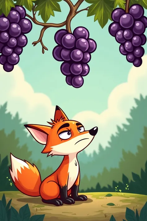 A frustrated cartoon fox standing on the ground, looking up at a bunch of juicy purple grapes hanging high on a vine.