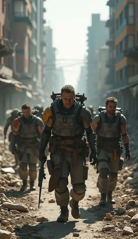 A hyper-realistic image of a group of survivors scavenging for resources in a destroyed city. They are wearing makeshift armor and holding tools to gather food and water. The surroundings are filled with burnt-out buildings, and the atmosphere is tense and...