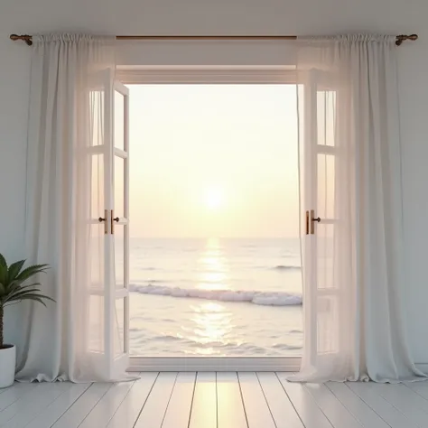  Create the image of an open white wooden window ,  the view is of the horizon line of a sea at dawn, It has a flare of the sun , minimalist image,  there is a flowing transparent white curtain , lora, 4K, Ultrarealistic