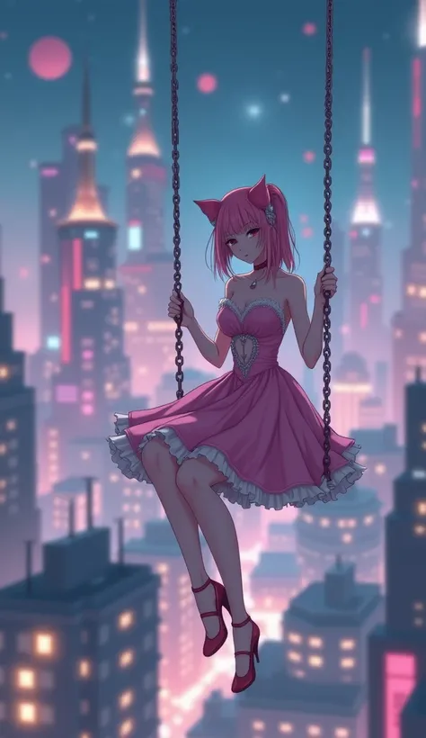 Sci-fi movie posters， anime style，A night full of cyberpunk style， 一个美少女 in a pink princess dress is sitting on a swing，The background is a pink night view of the city ， Ultra HD Quality，Movie poster design， movie camera