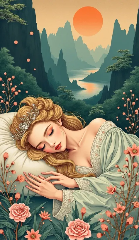 The fairy tale world of Sleeping Beauty， high quality, Ukiyo-e, 