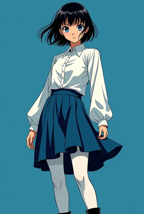 (comic) A teenage girl ,  with black hair, blue eyes,  skirt wearing a white long-sleeved blouse , a dark blue ,  white pantyhose ,  black boots and a dark blue background behind it 