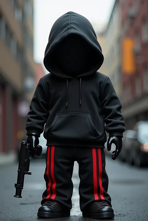 Make a blac skinned, black hoodie (over the head, red stripes on black pants, with a pistol Roblox Avatar, Solo