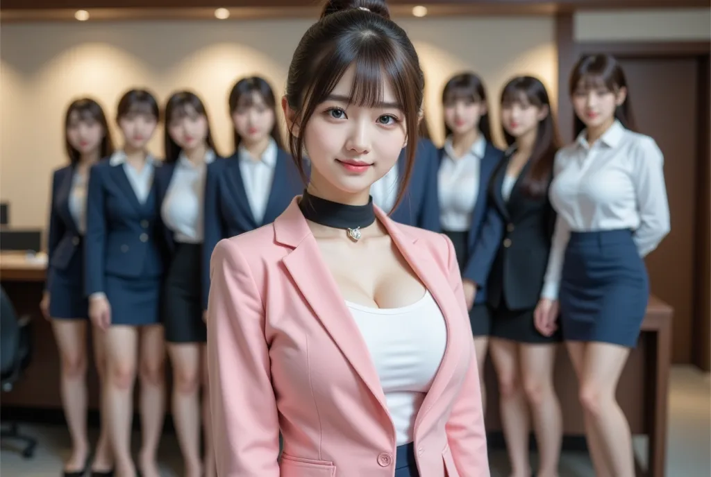 best quality、masterpiece、group photo、the office lady is lined up in front of the table、( pink jacket、 miniskirt、 white shirt), b...