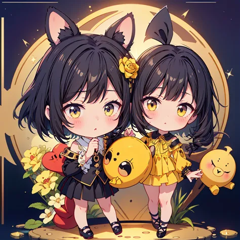 Handsome face、Chibi、cute、My cheeks are flesh-colored 、（ beautiful eyes、 long lashes）、Black clothes、Flared long sleeves、 Shoulder-baring  、One piece flare skirt、Rabbit with stuffed toy、black and yellow palette、Gothic Shoes、Positive、Black Rose、🌙、perfect anat...